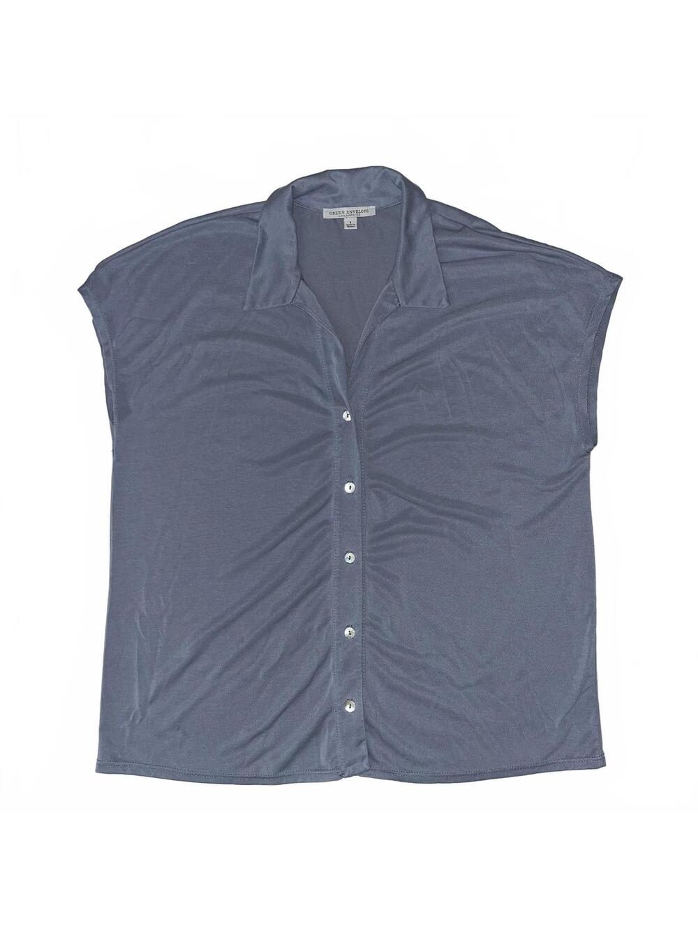 Green Envelope Los Angeles Light Blue Ruched Button Front Blouse Women’s Size L